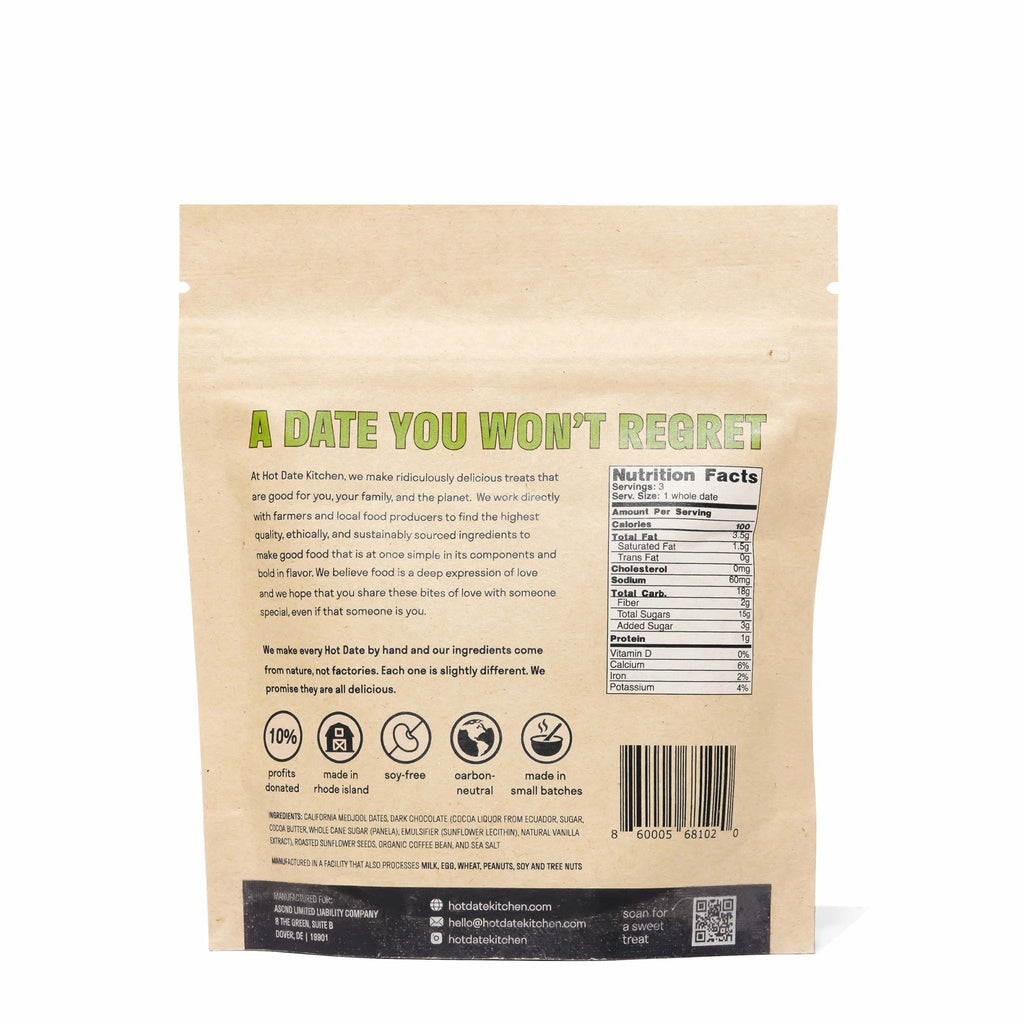 Back of dates pouch with nutrition facts, ingredient text, and barcode
