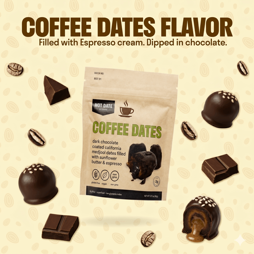 Coffee dates pouch with dark chocolate-coated stuffed date bites