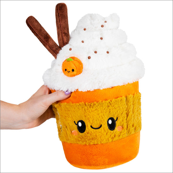 Mini plush latte cup with white foam, brown straw, orange/yellow body, pumpkin topper