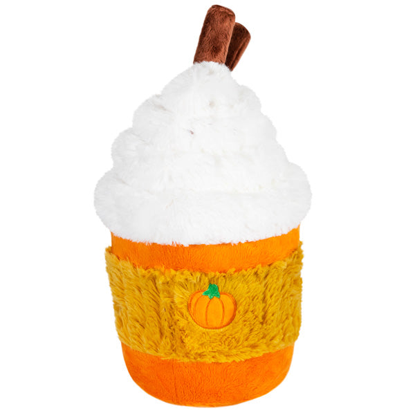 Mini plush latte cup with white foam, brown straw, orange/yellow body, pumpkin badge