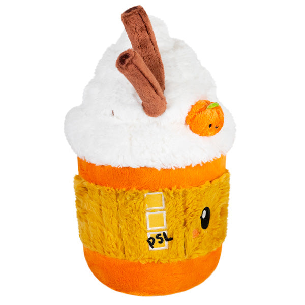 Mini plush latte cup with white foam, tall brown straw, orange body, PSL logo patch