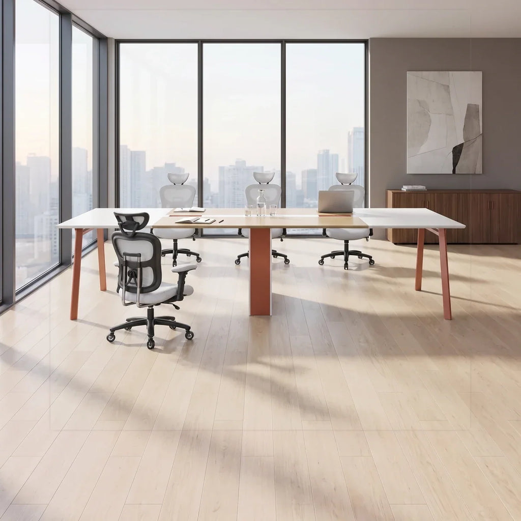 White meeting table with wood-tone legs and central pedestal underframe.