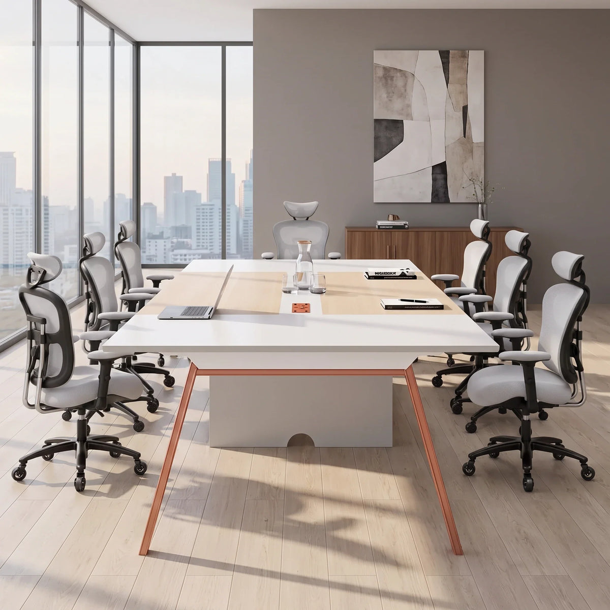 White conference table with wood-tone legs and split pedestal base.