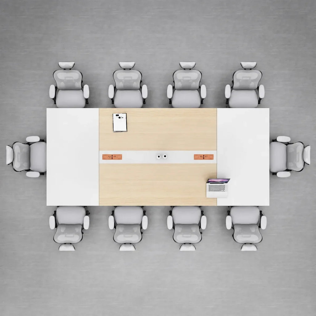 Top view of white meeting table with wood-tone frame and central panel.