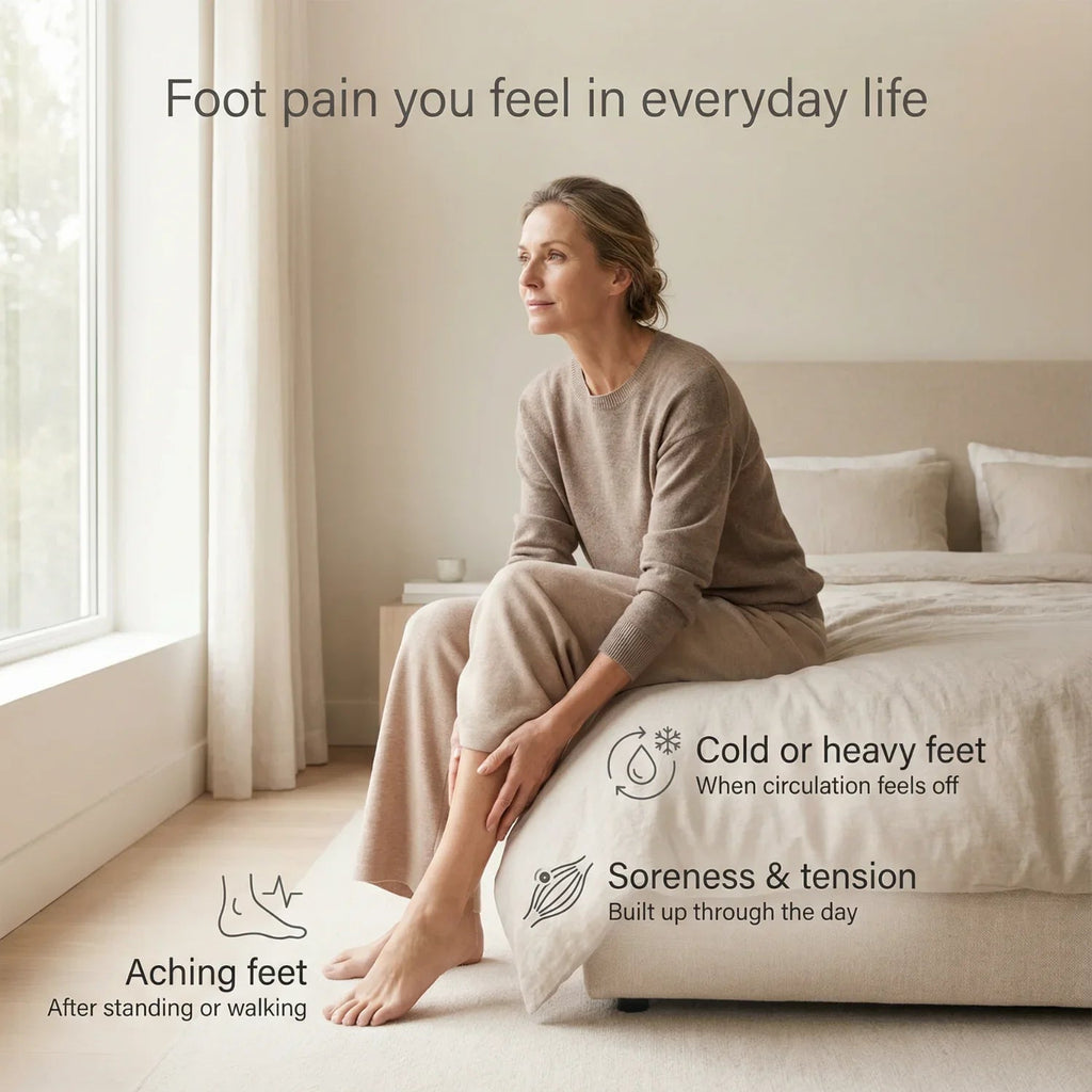 Black red light therapy slippers with glowing red soles while seated on a couch