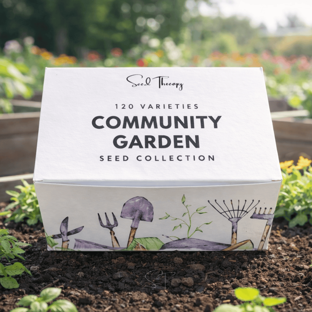Community garden seed collection box with 120 varieties text and illustrated seed icons