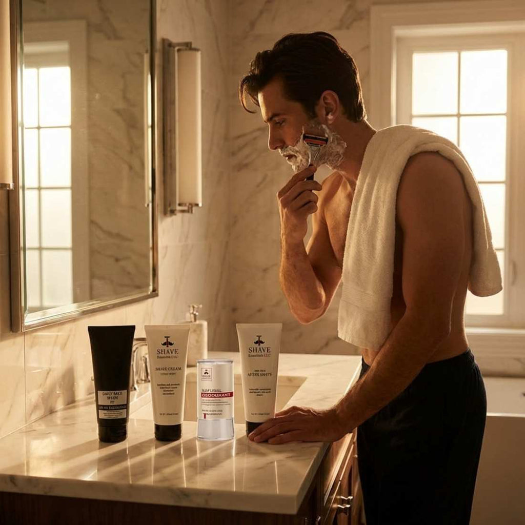 Men's grooming kit products on counter while a man shaves with razor at sink