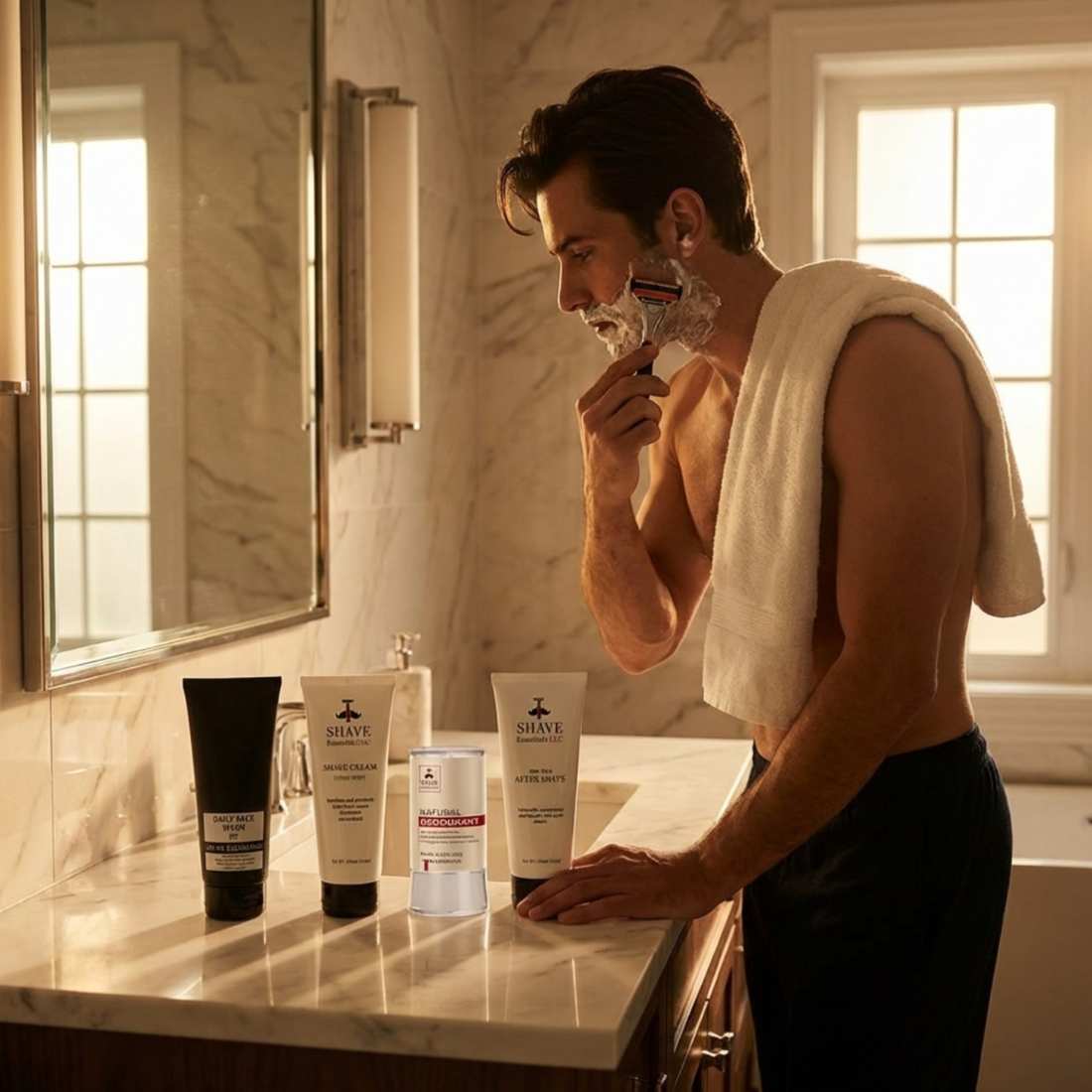 Men's grooming kit products on counter while a man shaves with razor at sink