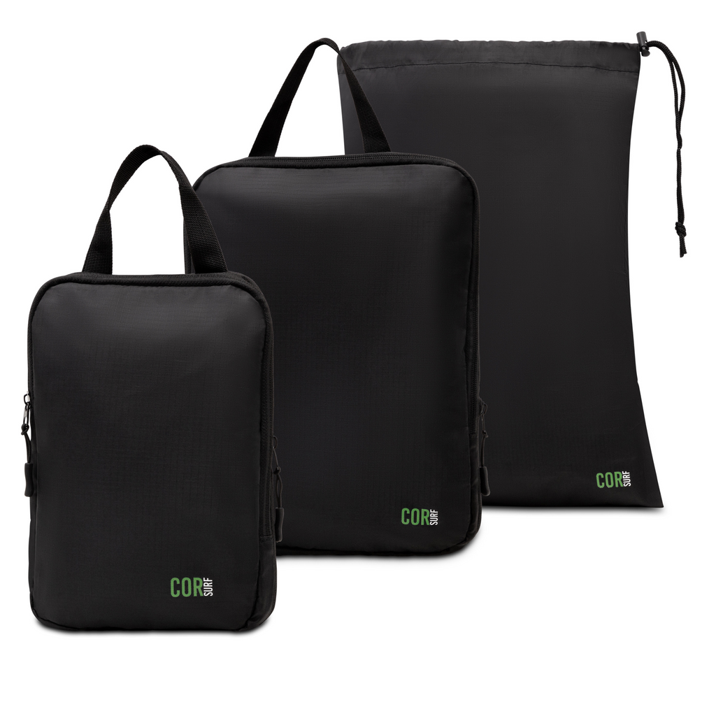 Travel set with large laundry bag and two black packing cubes