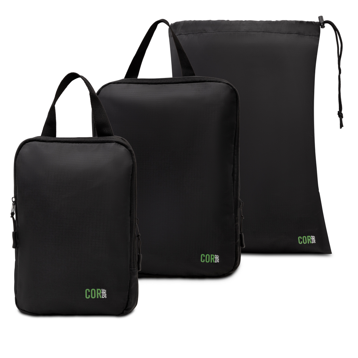 Travel set with large laundry bag and two black packing cubes