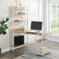 L-shaped computer desk with 4-tier storage shelves, light wood top and white frame