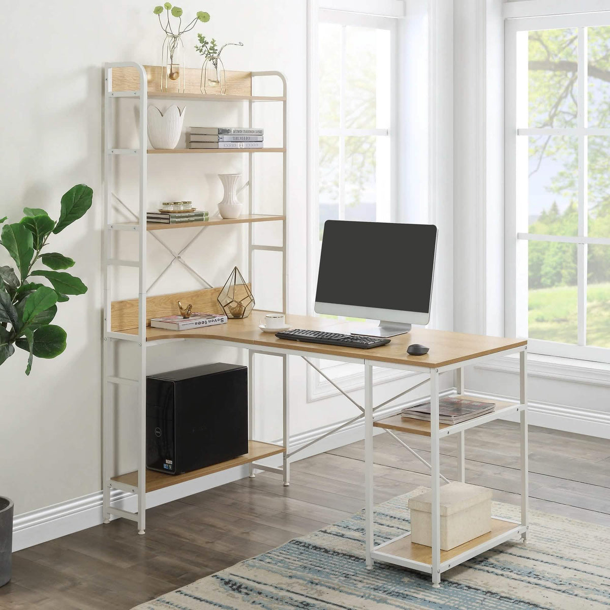 L-shaped computer desk with 4-tier storage shelves, light wood top and white frame