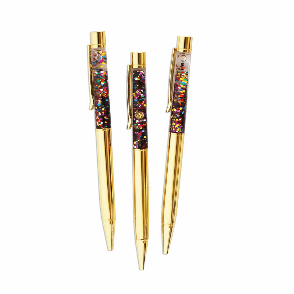 Gold confetti-filled ballpoint pen set with three glittery barrels and metallic caps