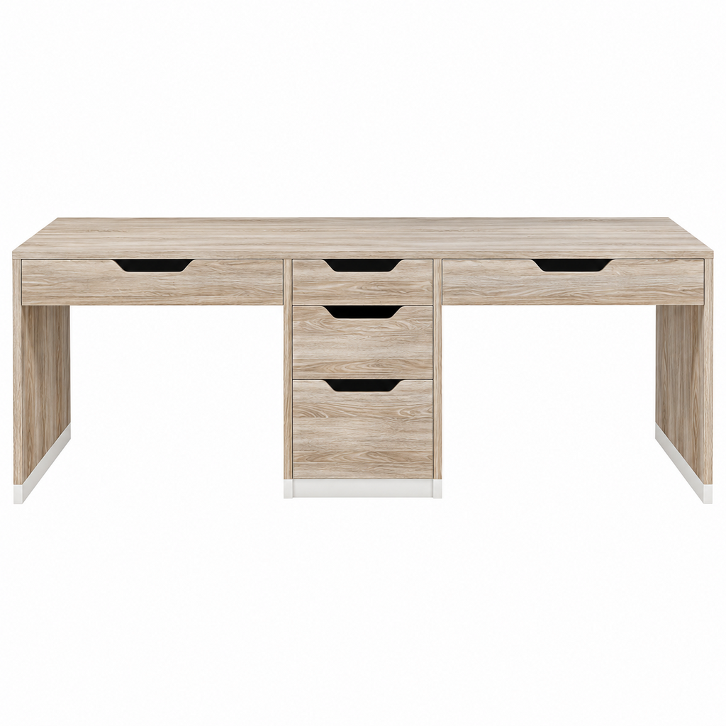 Light wood two-person desk with five drawer fronts and central drawer unit.