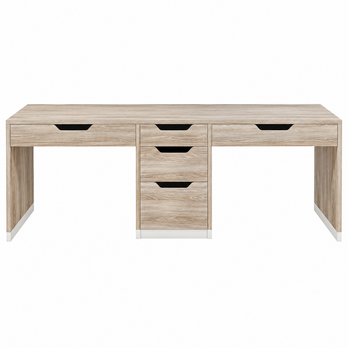 Light wood two-person desk with five drawer fronts and central drawer unit.