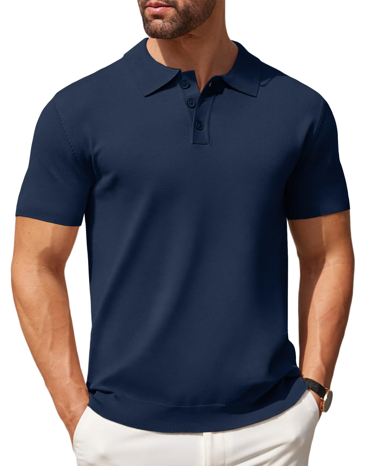 Men's navy knit polo shirt with short sleeves, folded collar, and button placket