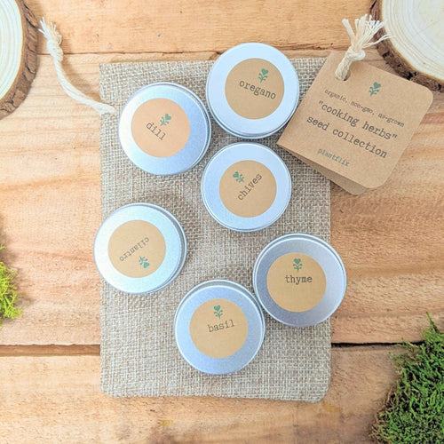 Herb seed collection tins with oregano, thyme, chives, oregano, basil labels
