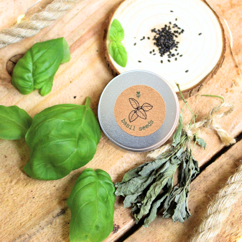 Oregano seed tin on wood with basil leaves and dried herb bits nearby