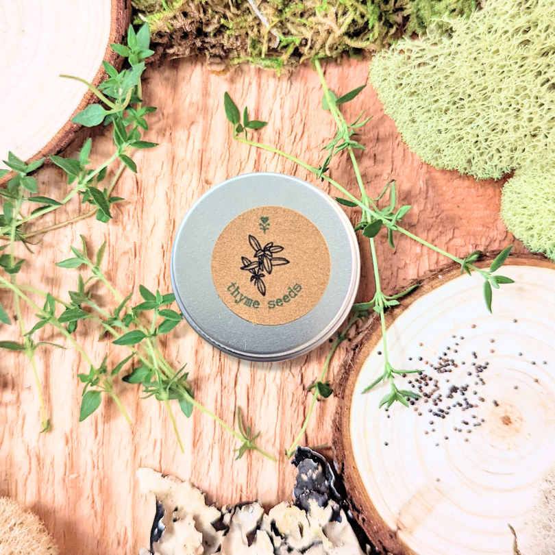 Thyme seed tin with label on a rustic wood slice, near scattered seeds