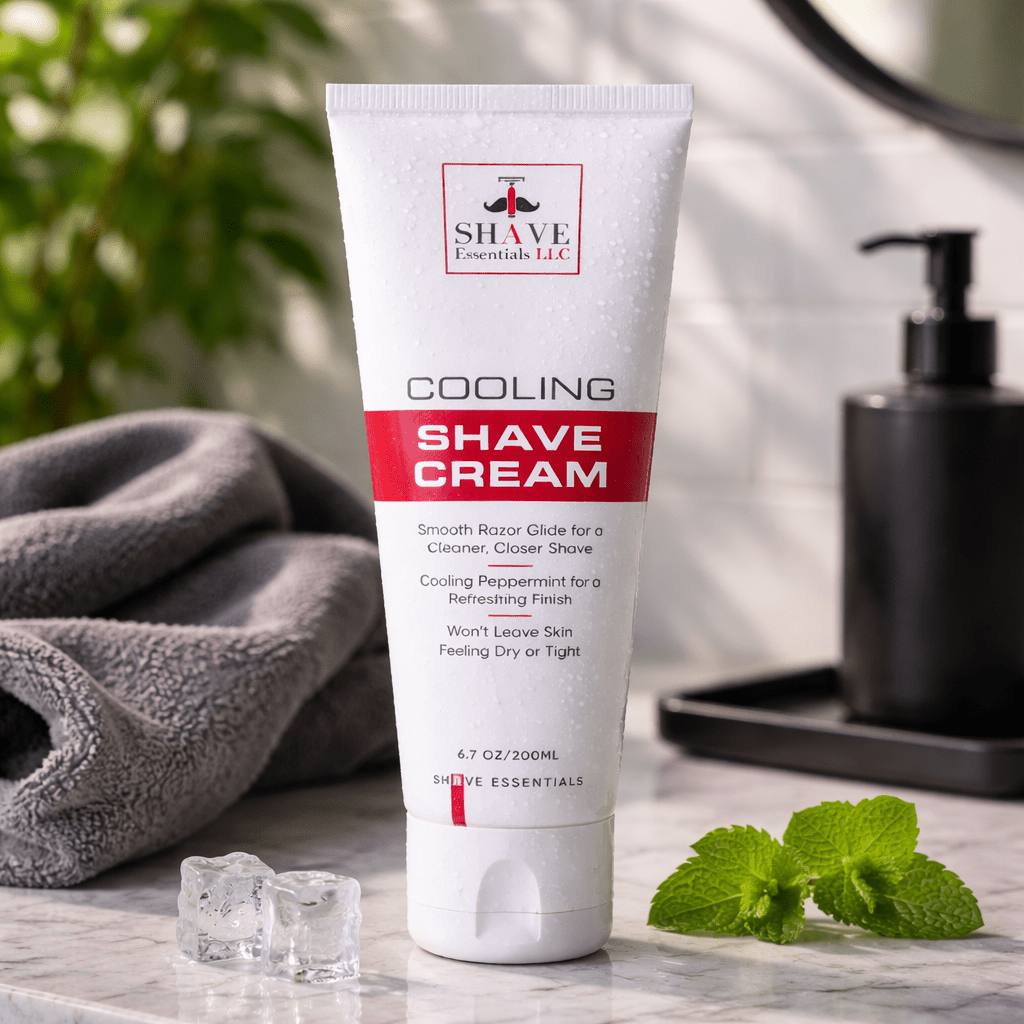 Cooling shave cream tube on countertop with mint leaves and ice cubes