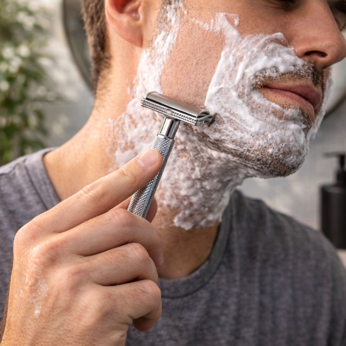 Cooling shave cream applied with razor on man's cheek and neck