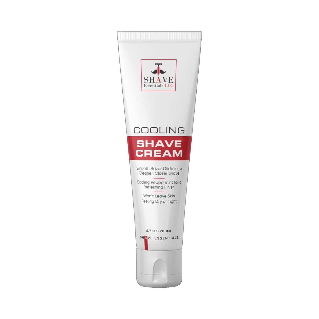Cooling shave cream tube, white with red label, 6.7 oz/200 ml