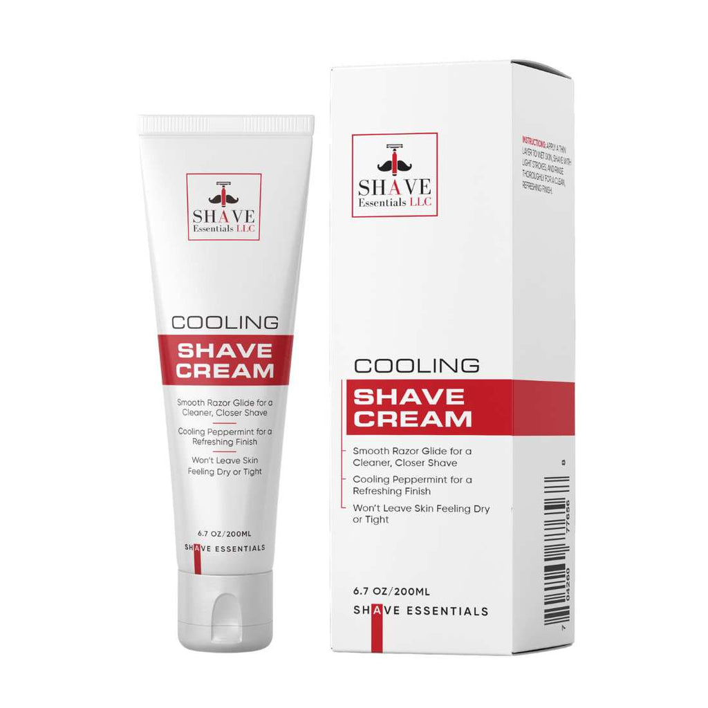 Cooling shave cream tube and box in white with red label