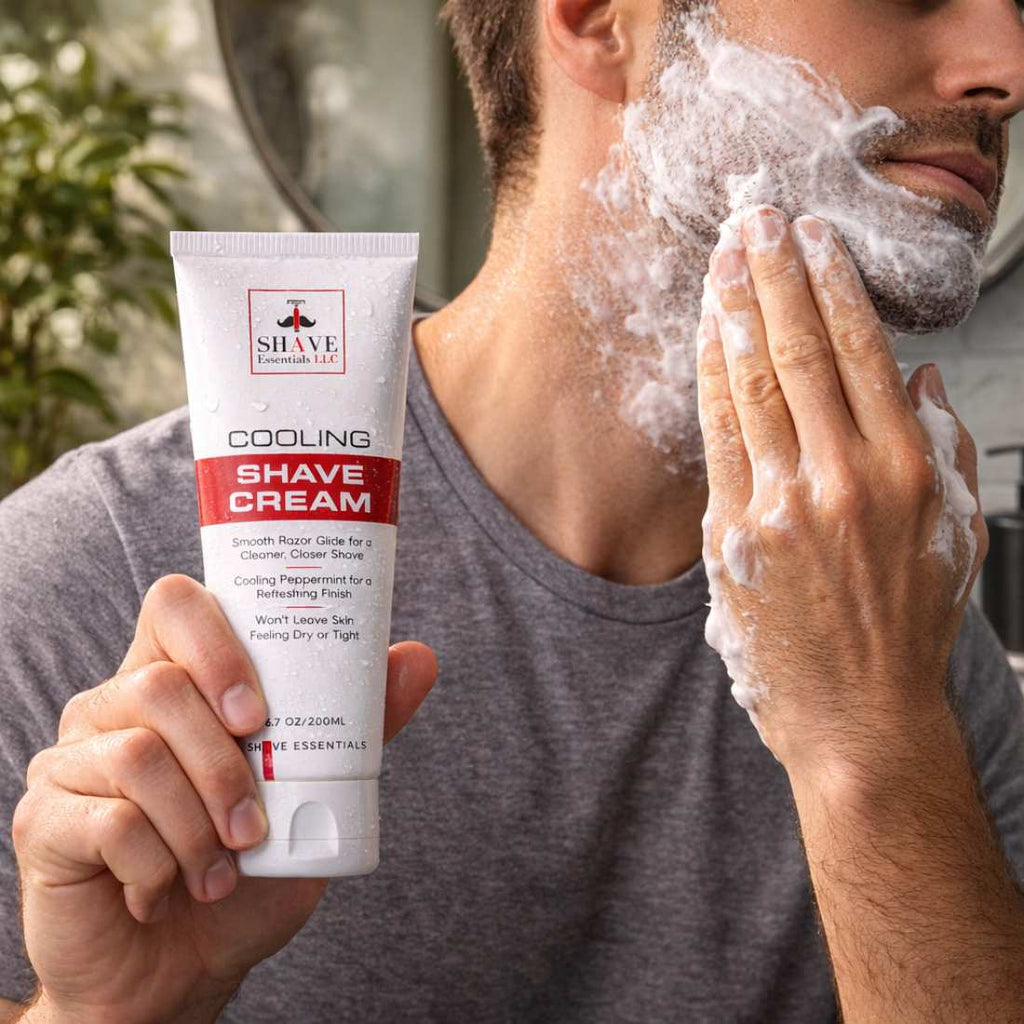 Cooling shave cream tube held while white shaving foam covers man's face