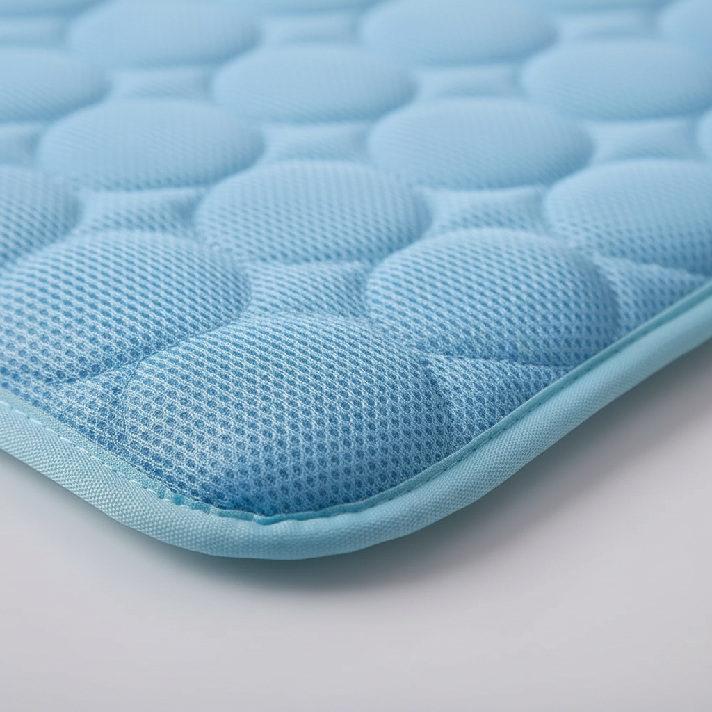 Light blue cooling dog bed mat with raised mesh honeycomb surface and stitched edges