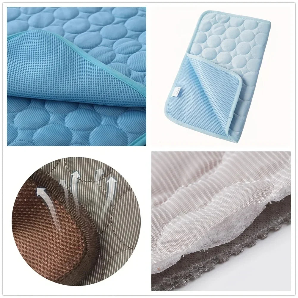 Blue cooling dog bed mat with folded view and raised pebble-texture surface
