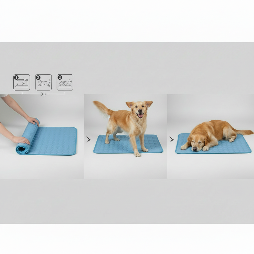 Blue cooling dog bed mat rolled for storage, with textured honeycomb top surface
