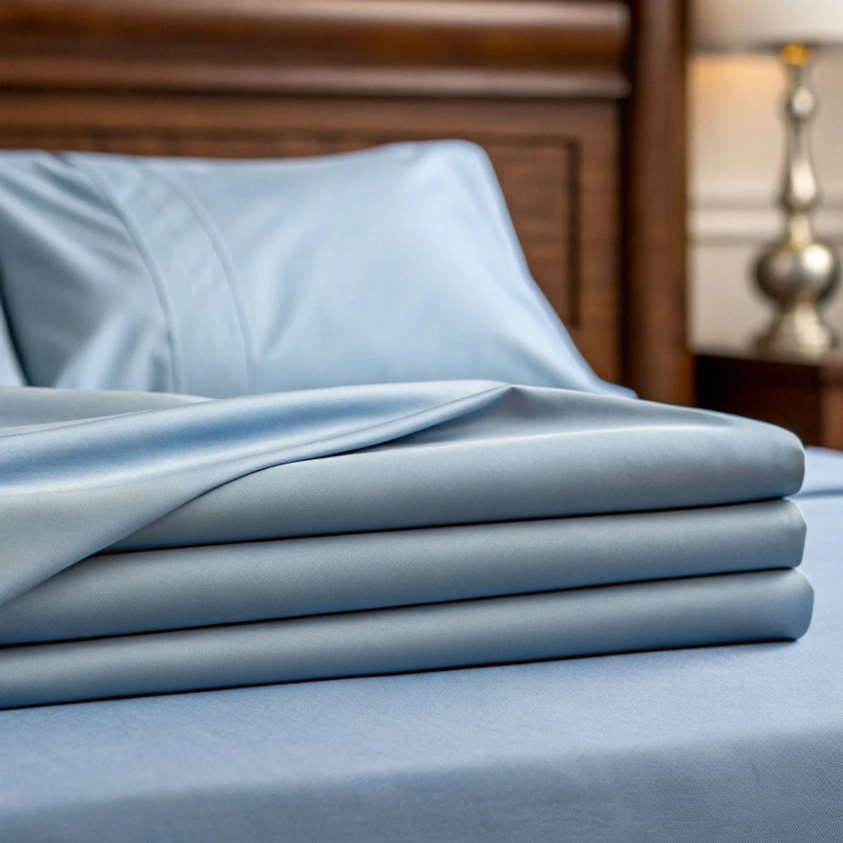 Light blue sheet set with smooth fabric folds and stacked duvet layers