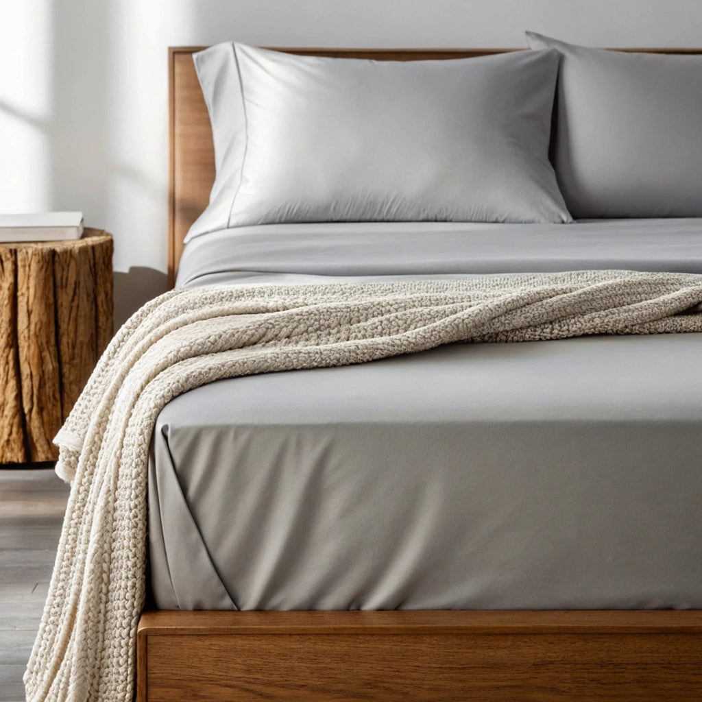 White and light gray sheet set with pillowcases and neatly draped duvet