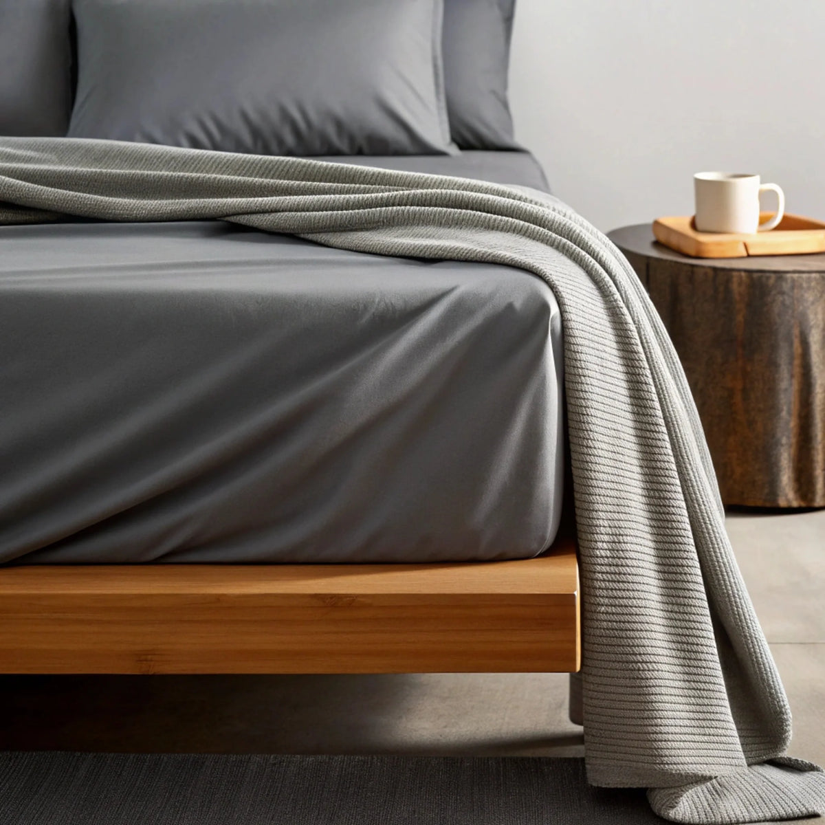 Gray sheet set with draped duvet and textured knit throw blanket