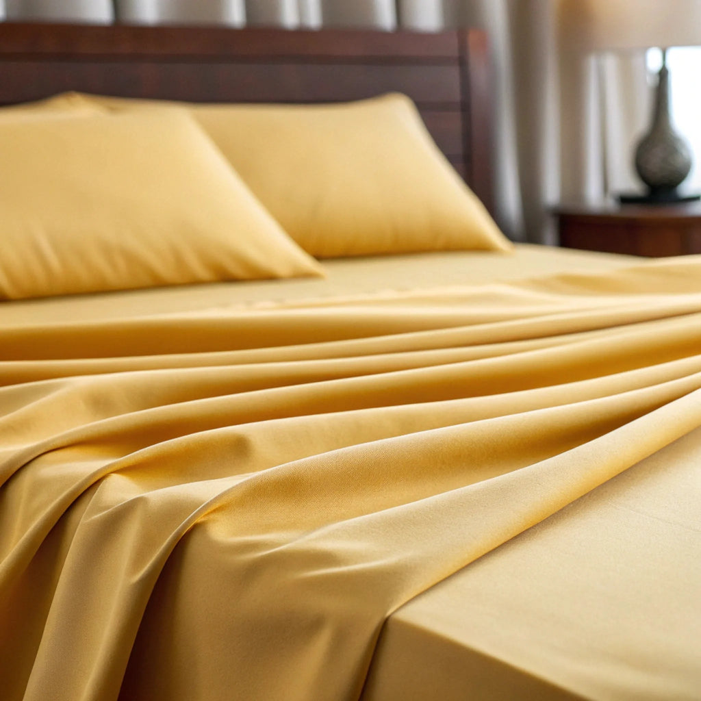Mustard yellow bamboo sheet set close-up showing smooth, wrinkle-finished fabric folds.