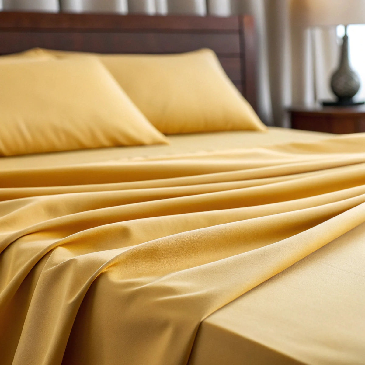 Mustard yellow bamboo sheet set close-up showing smooth, wrinkle-finished fabric folds.