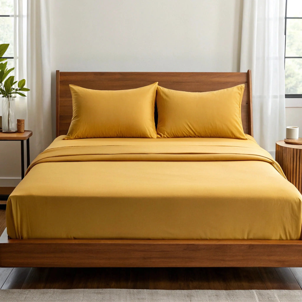 Mustard yellow bamboo sheet set with two pillowcases and a fitted sheet on the bed.