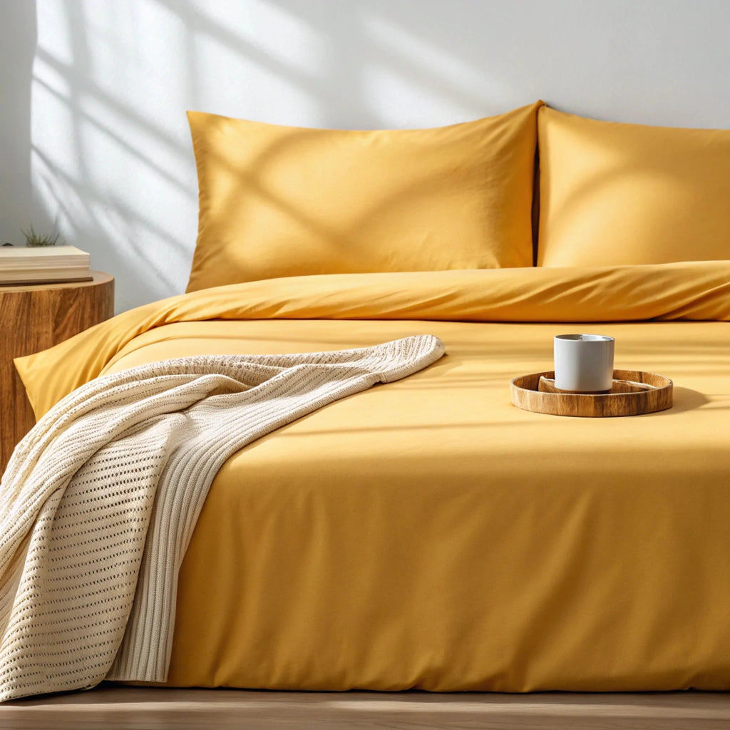 Mustard yellow bamboo sheet set with two pillowcases and a folded top sheet.