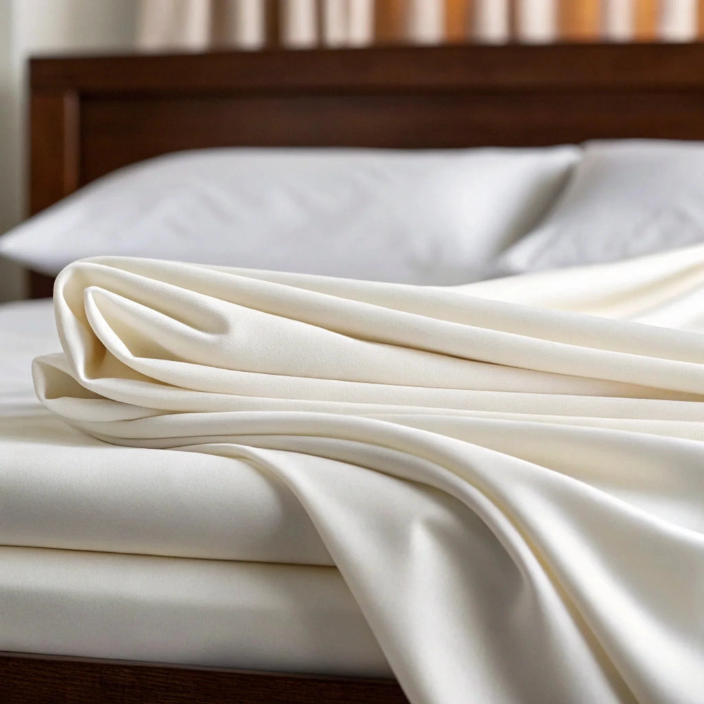 White bamboo sheet set close-up with soft folds and silky fabric texture.