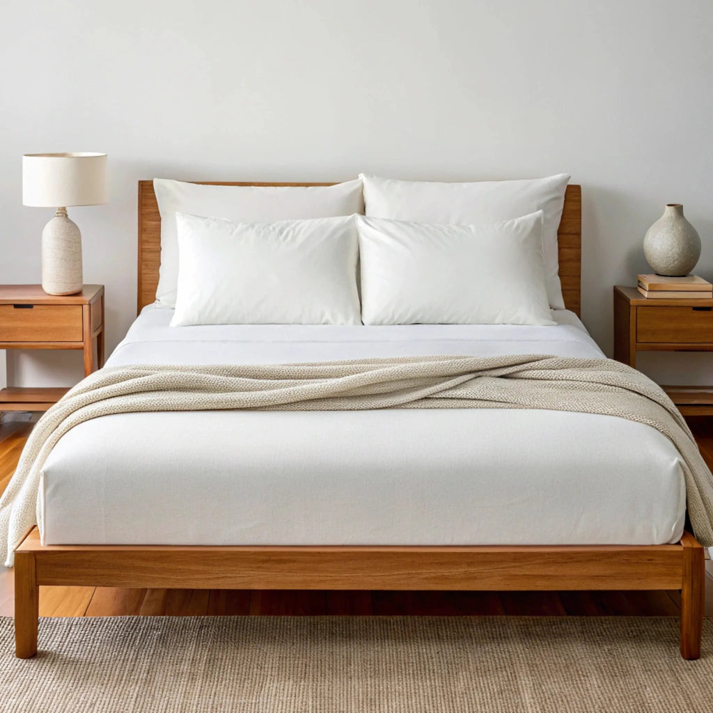White bamboo sheet set with two pillowcases and a draped blanket over the top sheet.