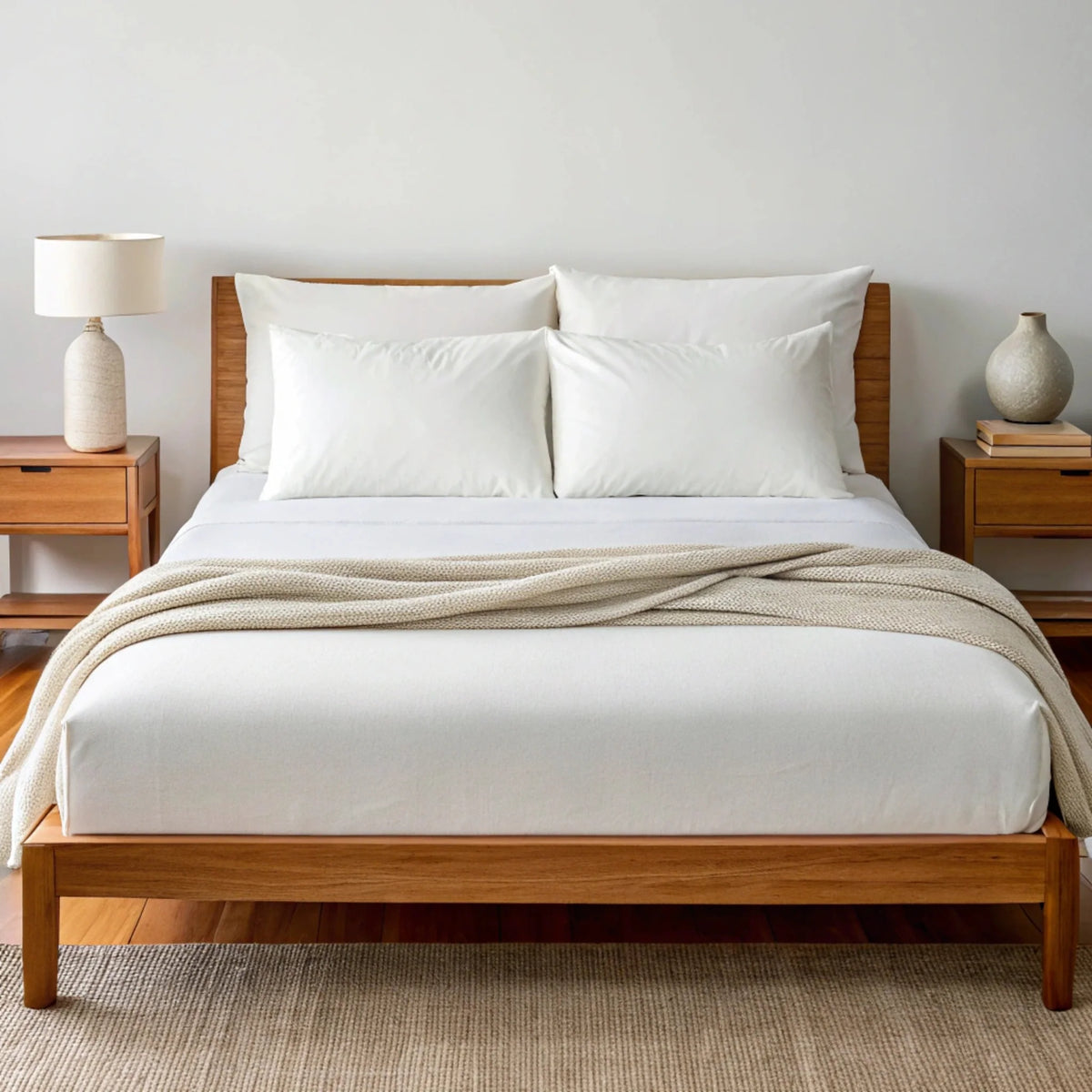 White bamboo sheet set with two pillowcases and a draped blanket over the top sheet.