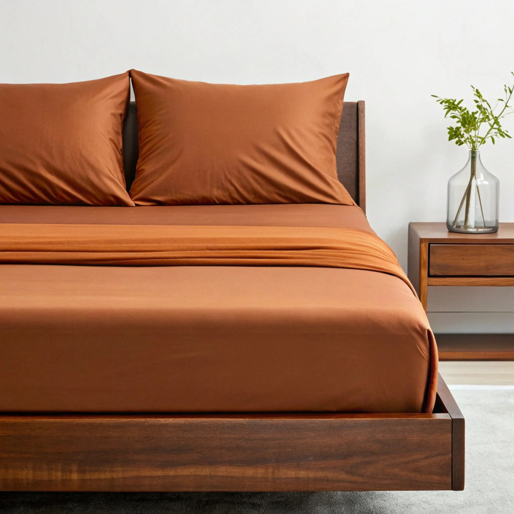 Copper-infused bamboo sheet set in rust-brown on bed with two matching pillows.