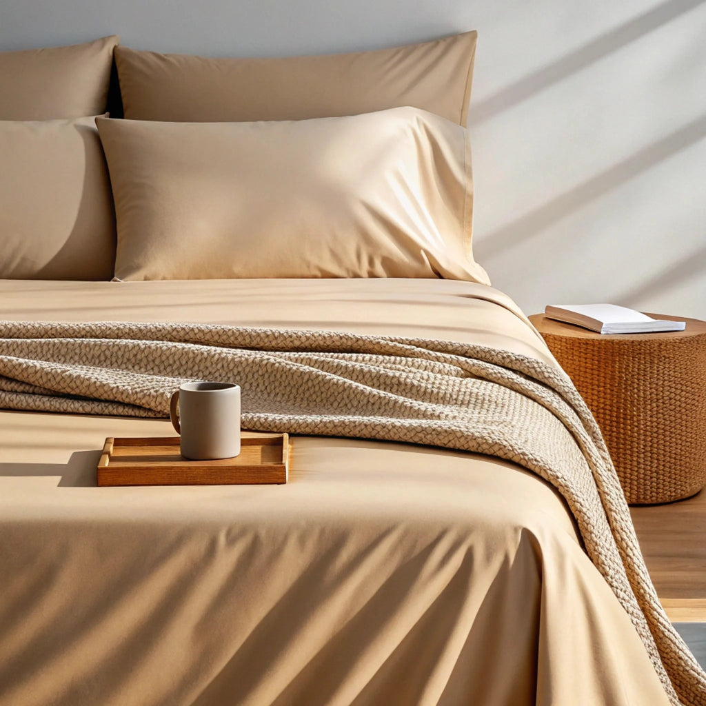 Copper-infused bamboo sheet set in beige with draped blanket and pillow cushions.