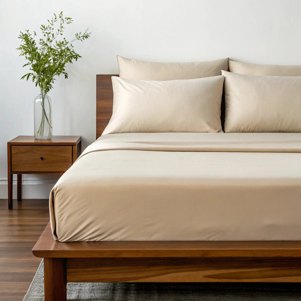 Copper-infused bamboo sheet set in off-white with neatly made bed and two pillows.