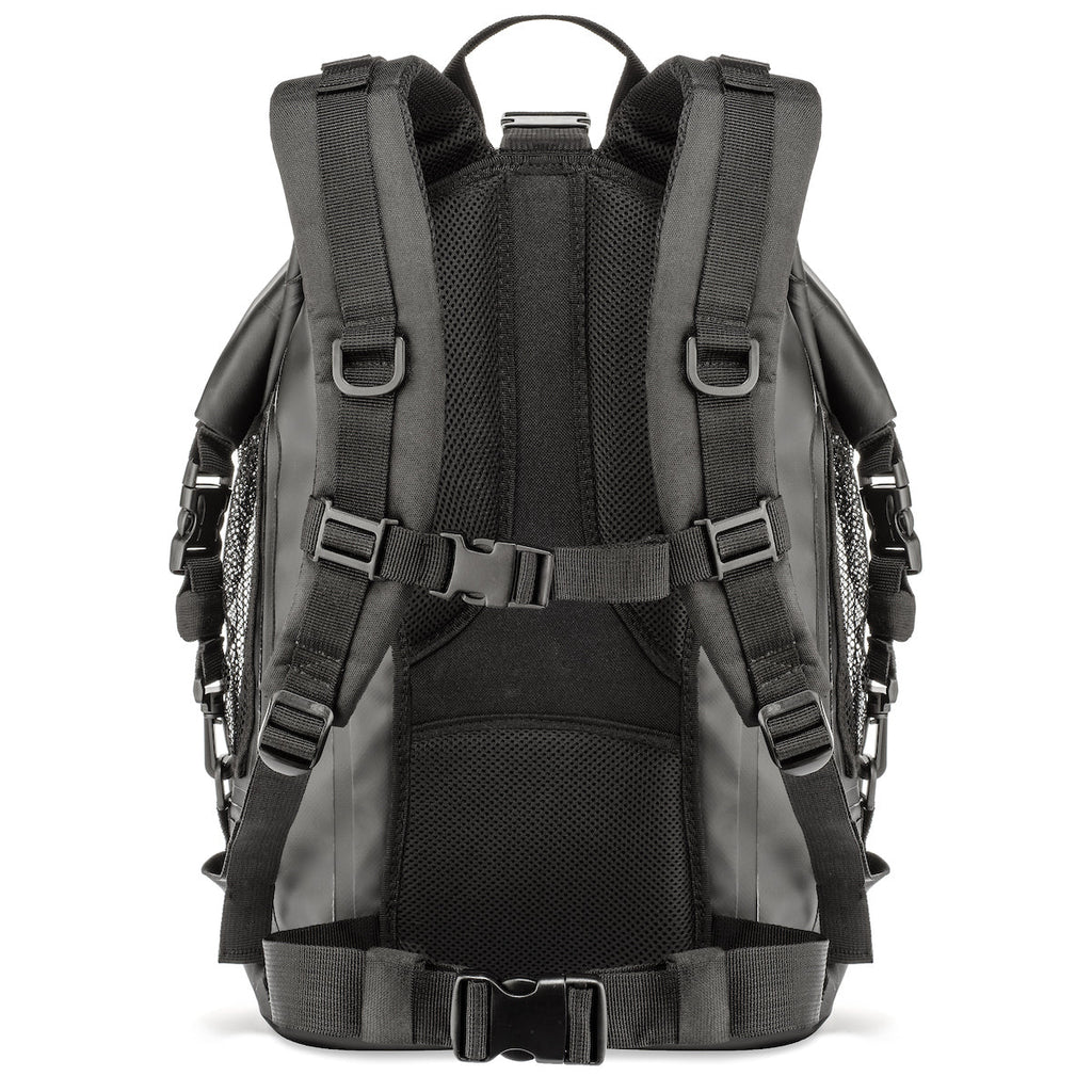 Black waterproof dry bag backpack back view with padded shoulder straps and mesh panel