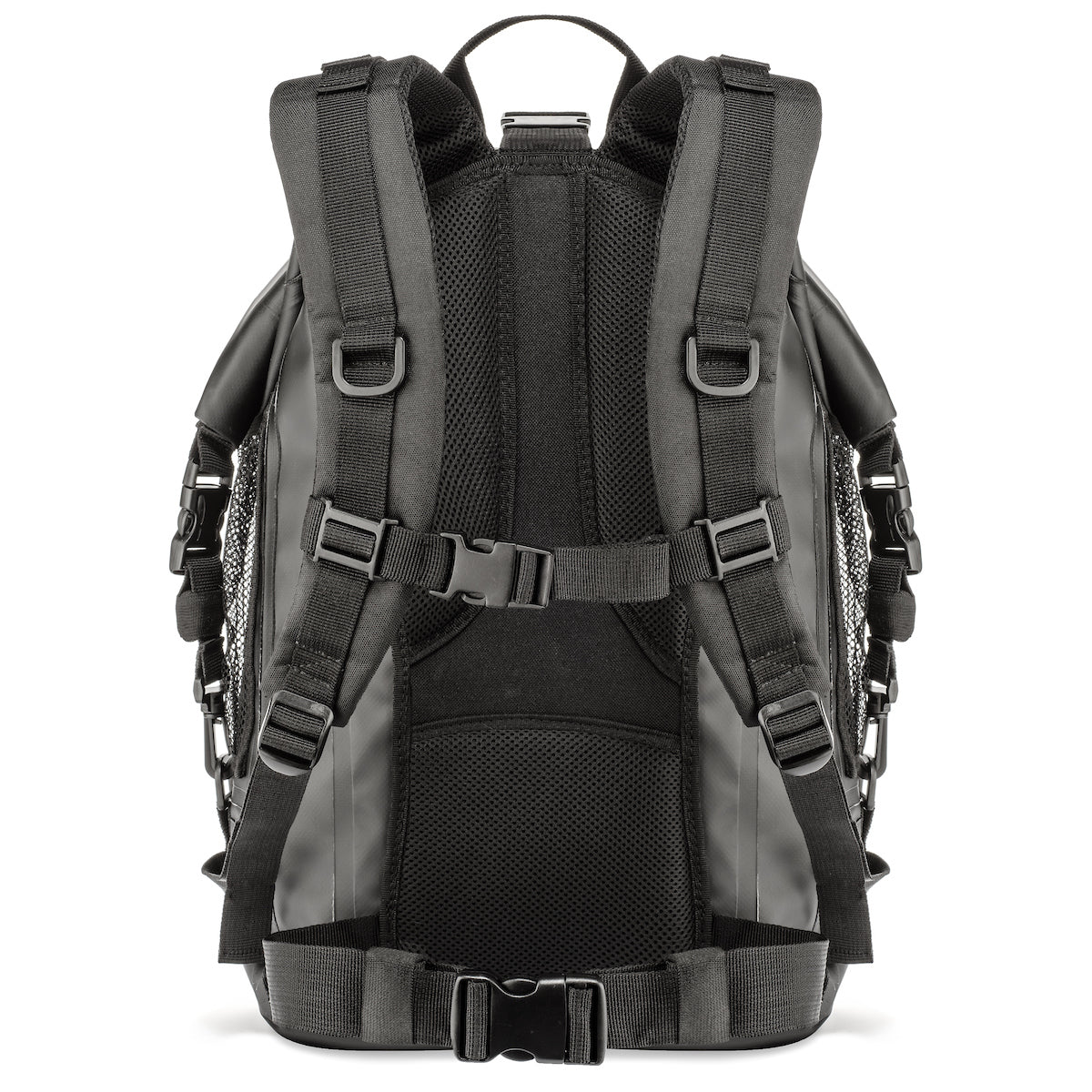Black waterproof dry bag backpack back view with padded shoulder straps and mesh panel
