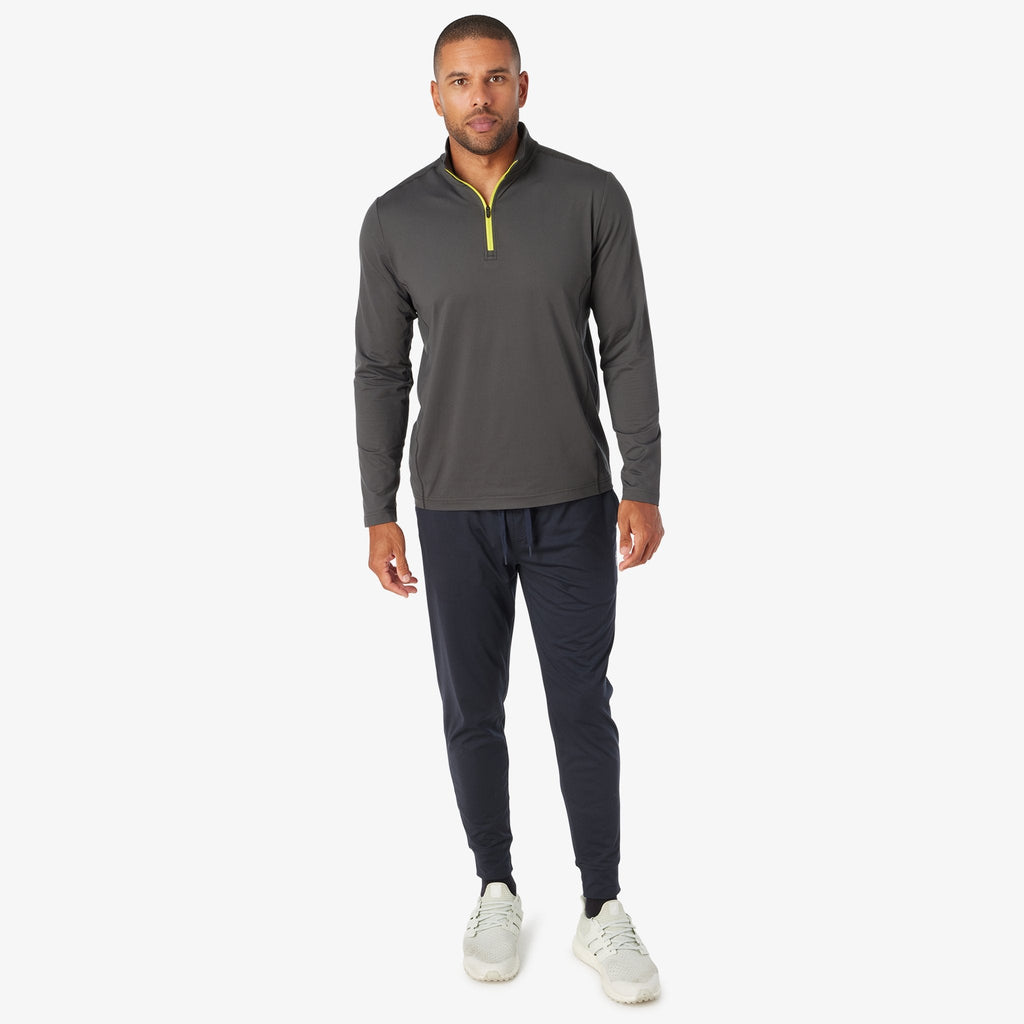 Charcoal quarter-zip tech pullover with neon yellow zipper, long sleeves