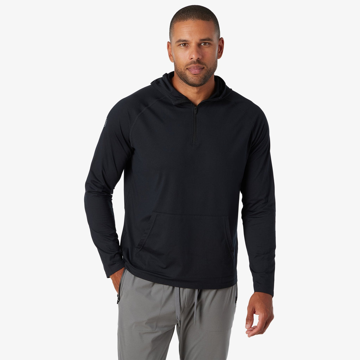 Black quarter-zip hoodie with attached hood and front kangaroo pocket
