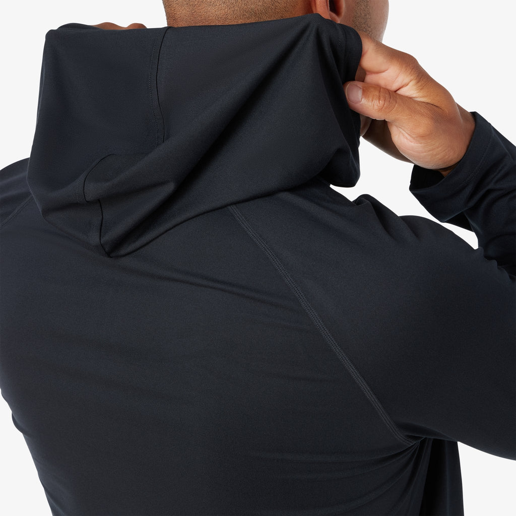 Black hooded quarter-zip hoodie close-up of shoulder seam and sleeve