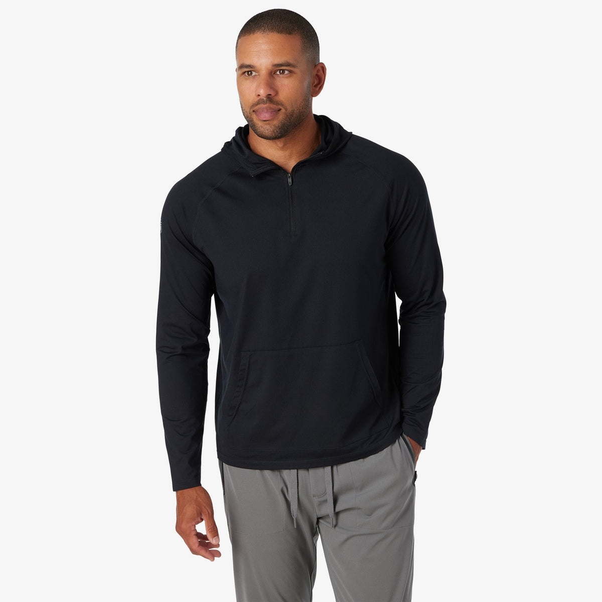 Black quarter-zip hooded pullover with kangaroo pocket and long sleeves